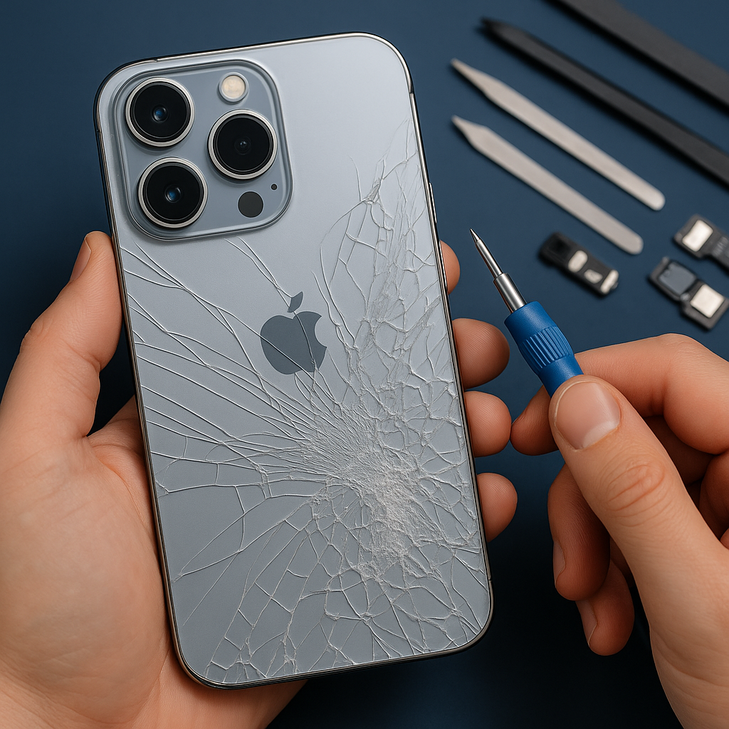 Técnico consertando vidro traseiro quebrado de iPhone 15 Pro Max com ferramentas – CellMar Celulares Capão da Canoa e Xangri-Lá